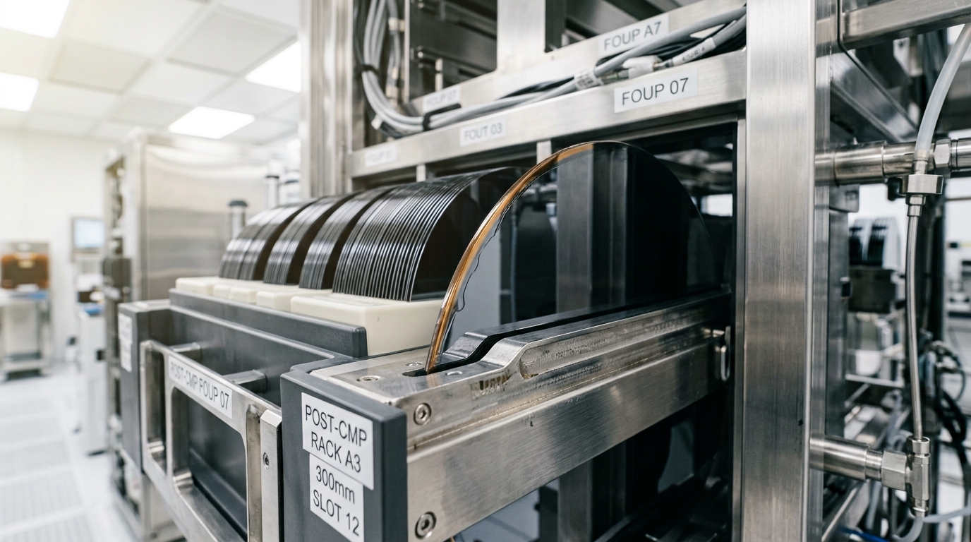 A cassette of freshly polished wafers on a post-CMP rack, one wafer still wet and being slid into its slot