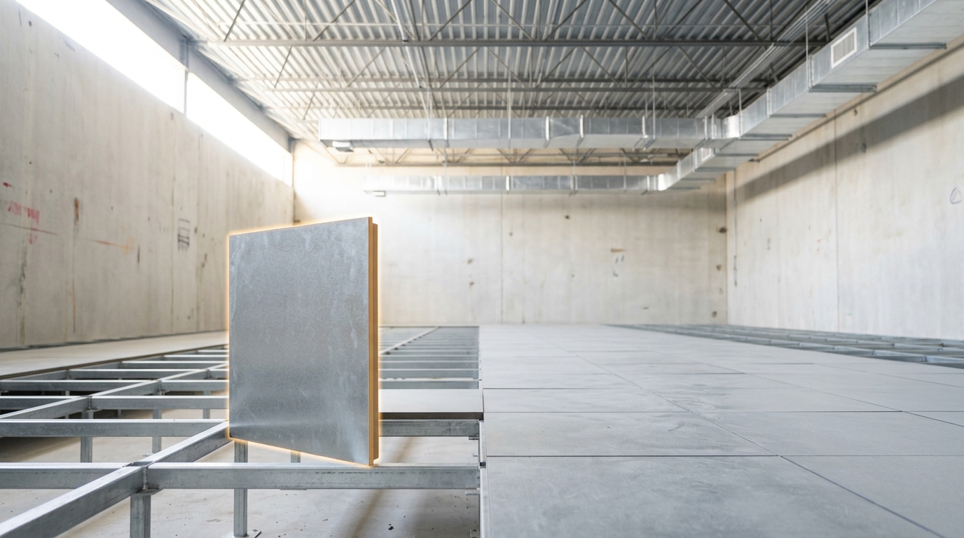 The bare concrete and steel shell of a new fab cleanroom bay under construction, one raised floor panel still lifted mid-installation