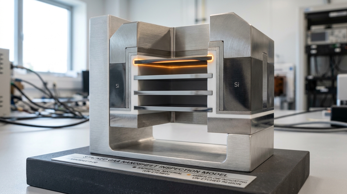 A cutaway model of a stacked gate-all-around nanosheet transistor sitting on an inspection bench, one sheet layer still exposed mid-etch