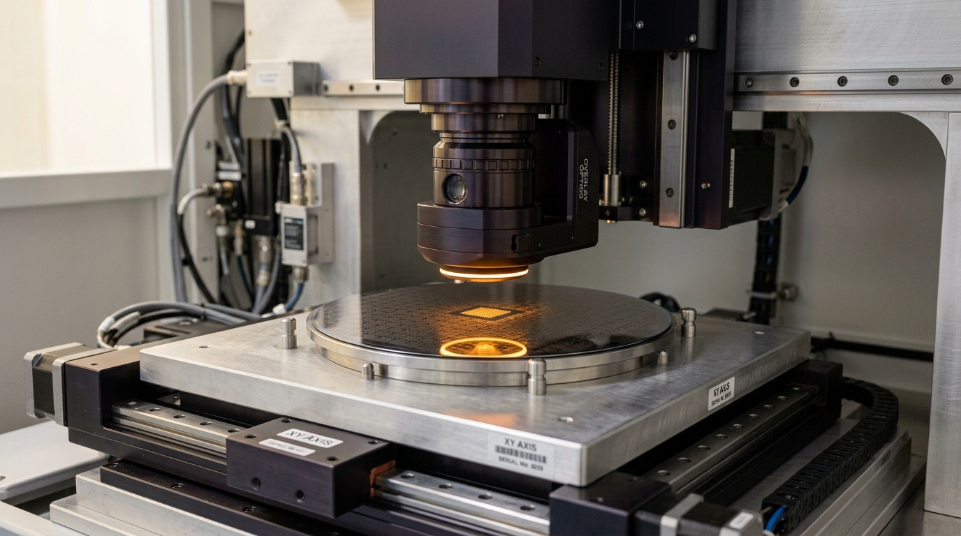 A CD-SEM/overlay metrology station scanning a wafer, the measurement head paused mid-pass over one grating target