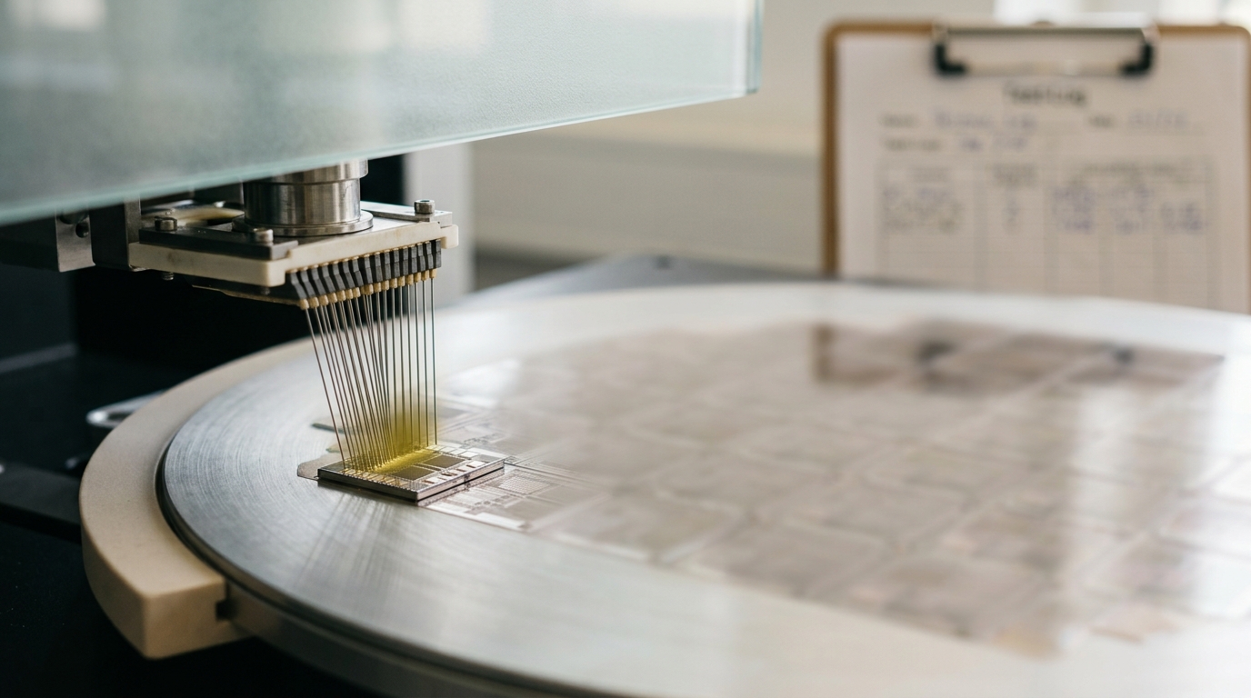 A wafer probe card lowering toward a die's bond pads on a wafer-test prober, the needles just short of contact