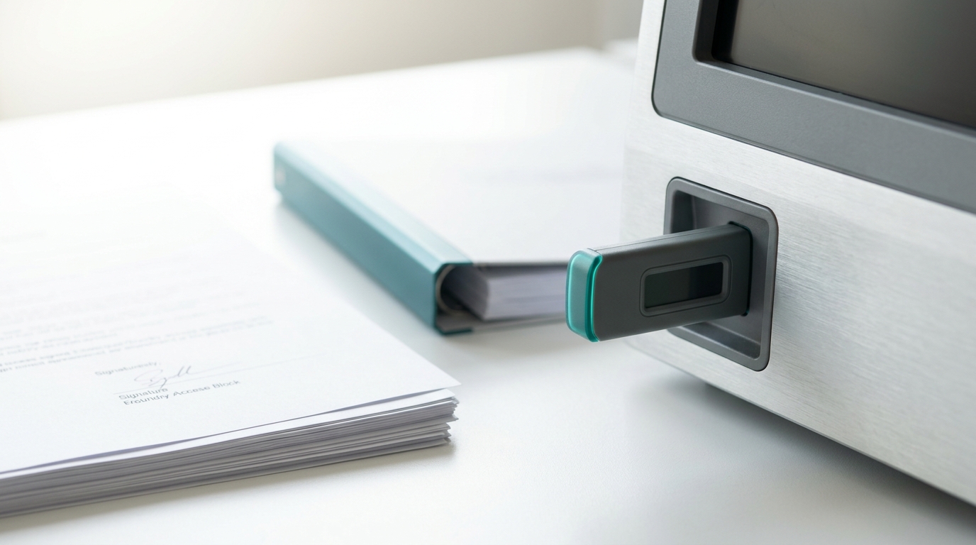 A hardware license dongle held part-way into a design-rule-check terminal's front port, its status light not yet lit, beside a stack of signed foundry access agreements
