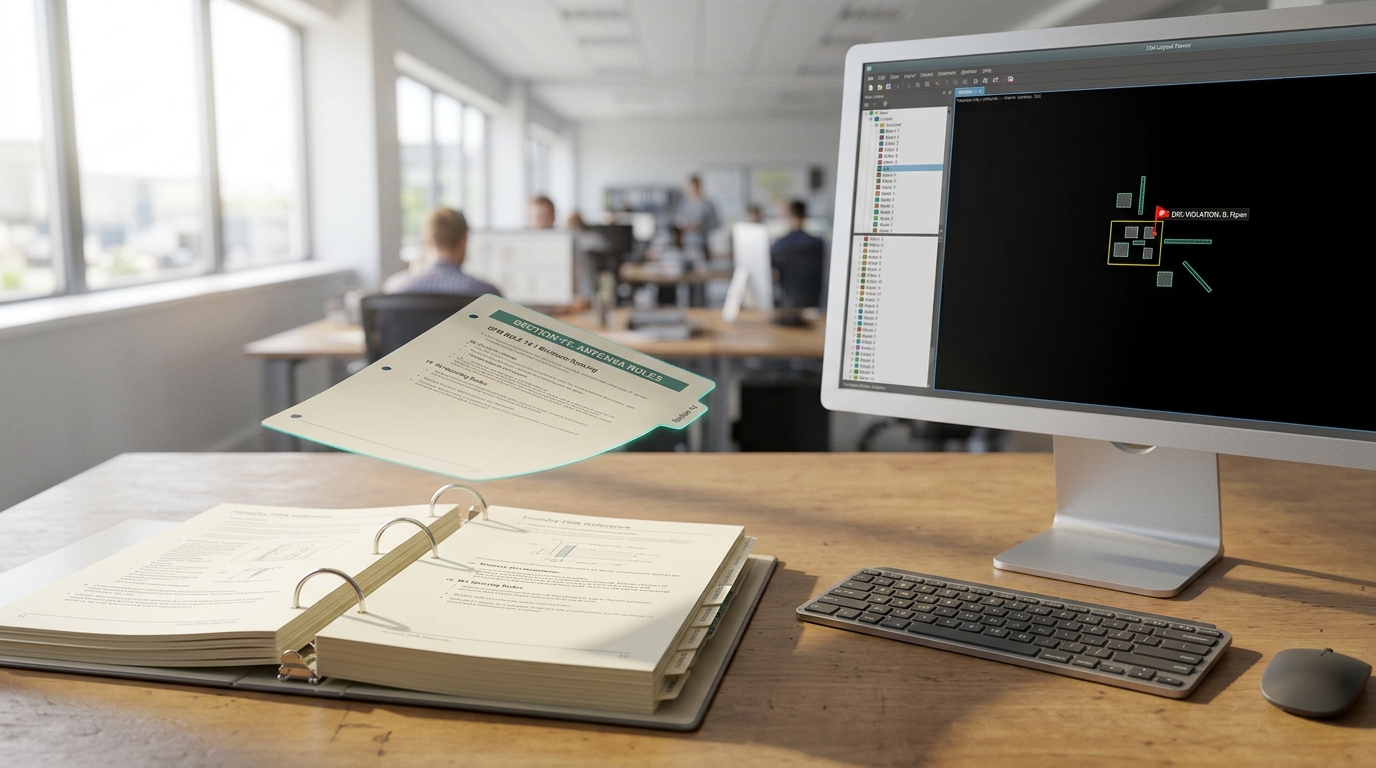 A design-rule-check terminal beside an open foundry PDK reference binder, one tabbed divider caught mid-slide between two rule sections on the desk