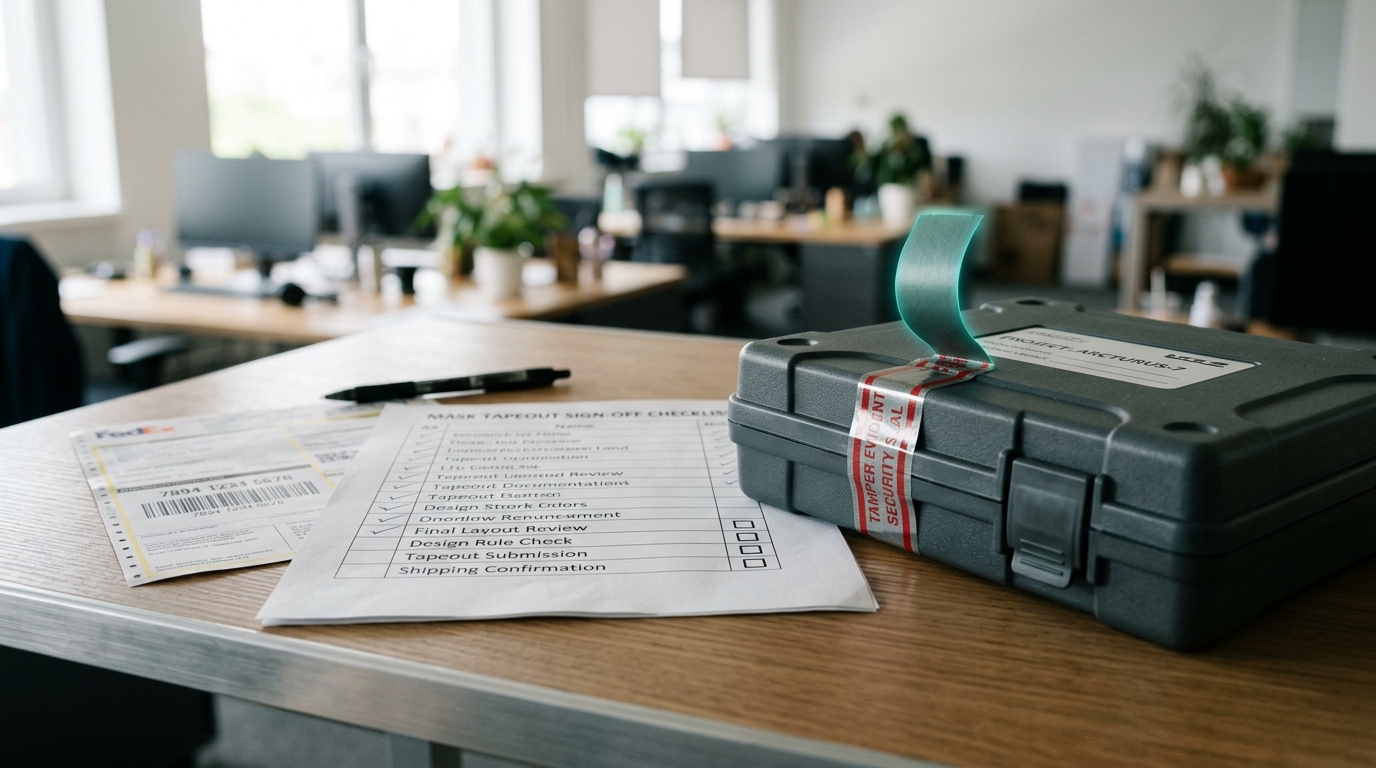 A data cartridge holding tapeout files sitting on a mask-tapeout documentation desk, a strip of security tape caught half-applied across its latch