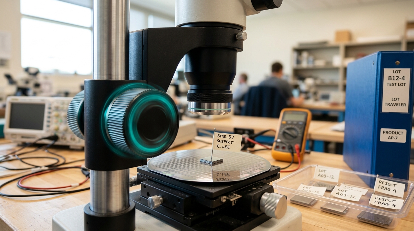 A bench inspection microscope trained on one die of a test-chip wafer, a small paper flag marking a single suspect site beside it, the fine-focus knob mid-turn