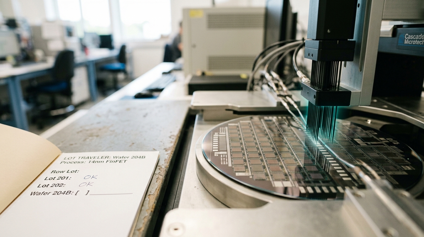 A wafer-level parametric test prober with its probe card lowered part-way toward a test-chip wafer's scribe-line structures, still a hair's width above contact