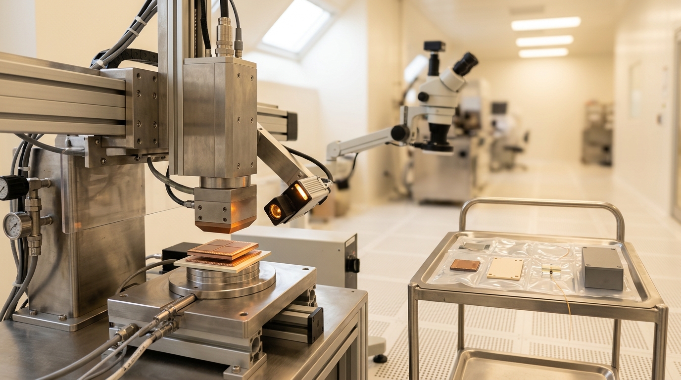A thermocompression bonding tool's arm descending mid-cycle toward a chiplet stack, with a wheeled carrier tray of visibly different substrate technologies waiting behind it in the same cleanroom aisle