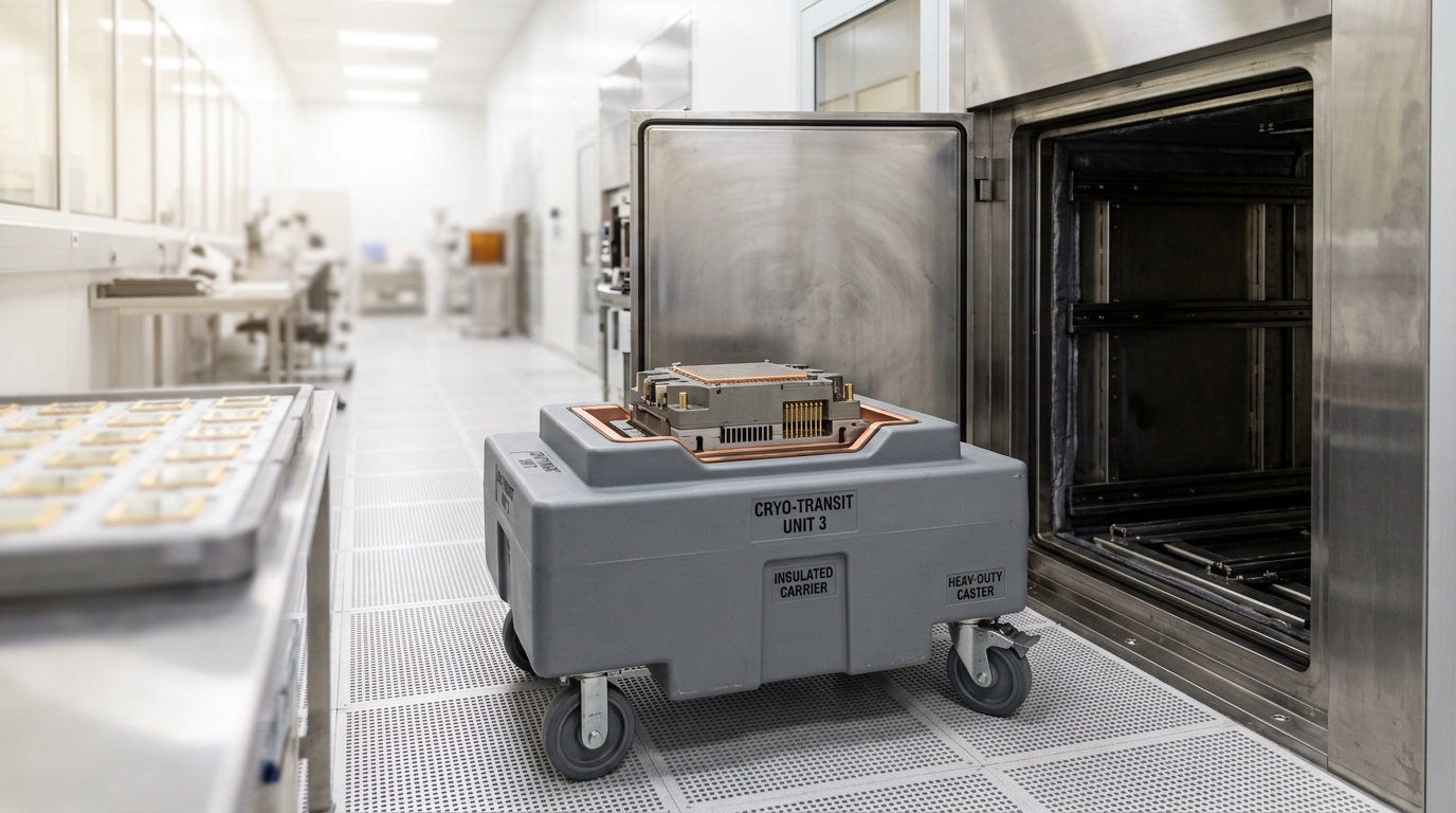 A separate, matte grey cryogenic-rated carrier being wheeled toward its own load-lock door, distinct from the tray behind it, the door standing only partly open