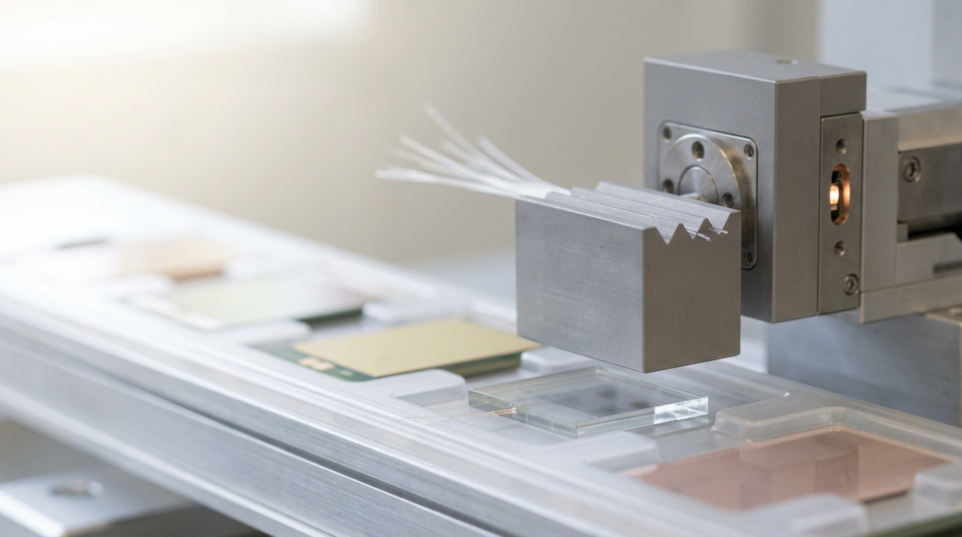 A fibre-array attach tool's V-groove block hovering just above a photonic chiplet's edge coupler on the mixed-substrate tray, not yet epoxied, a piezo alignment-stage light still adjusting
