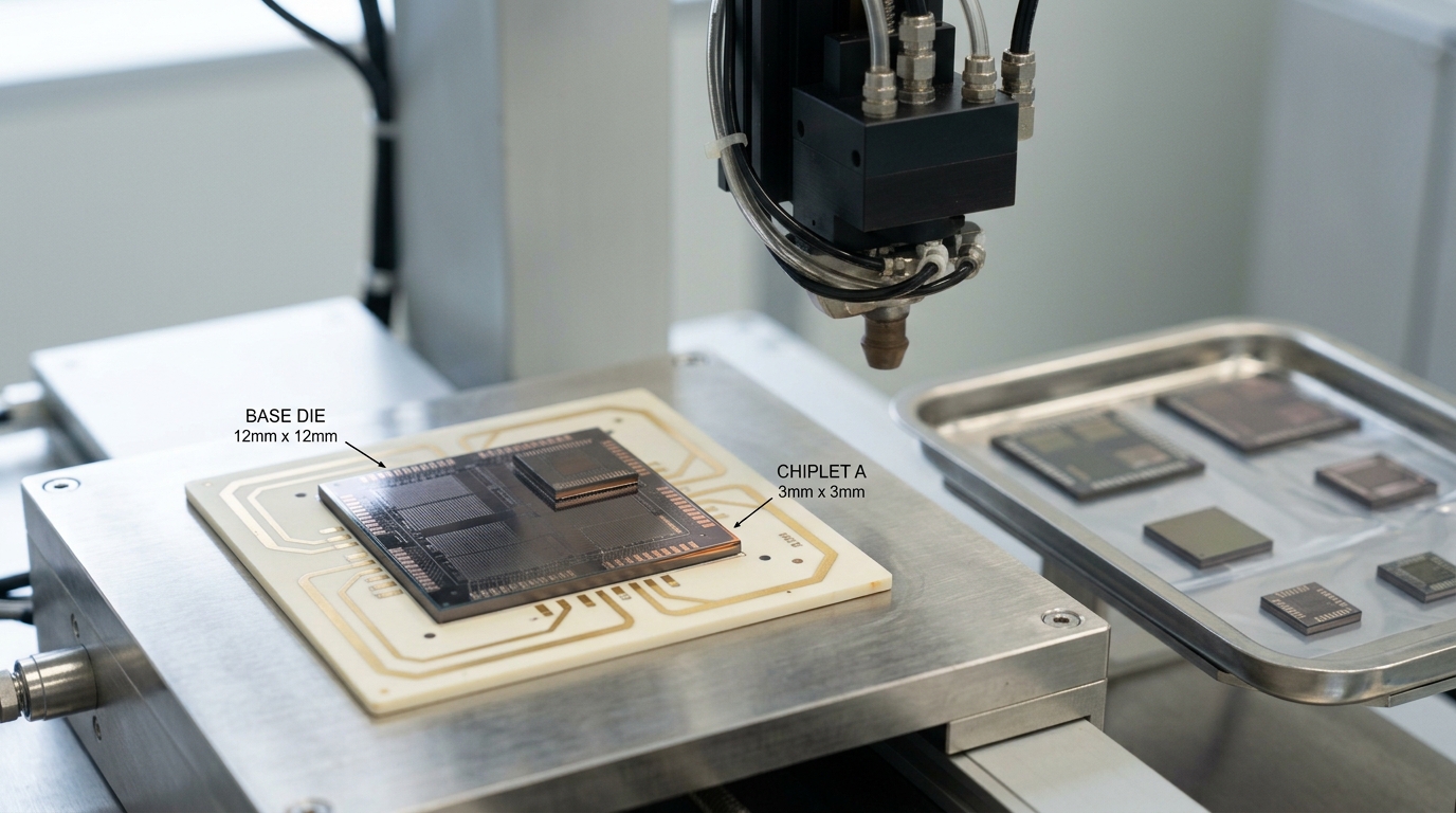 A chiplet just set down by a pick-and-place gantry onto a base die, one corner of the bond interface still showing a hairline gap before reflow, the gantry arm still retracting
