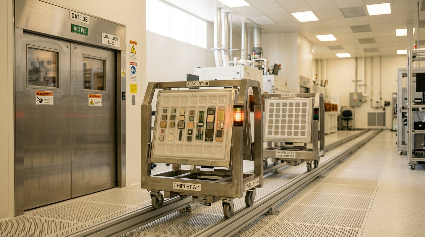 Two wafer carriers queued at a load-lock, one holding uniform identical dies and one holding visibly heterogeneous chiplets, the newer carrier's slot light caught mid-change from red to green