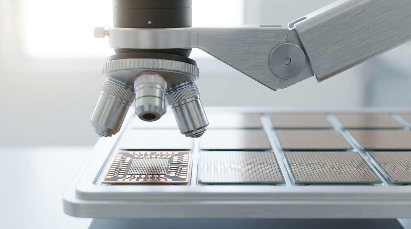 An inspection microscope's objective turret swung over one visibly different die on the mixed-substrate tray, mid-rotation between two lenses and not yet focused
