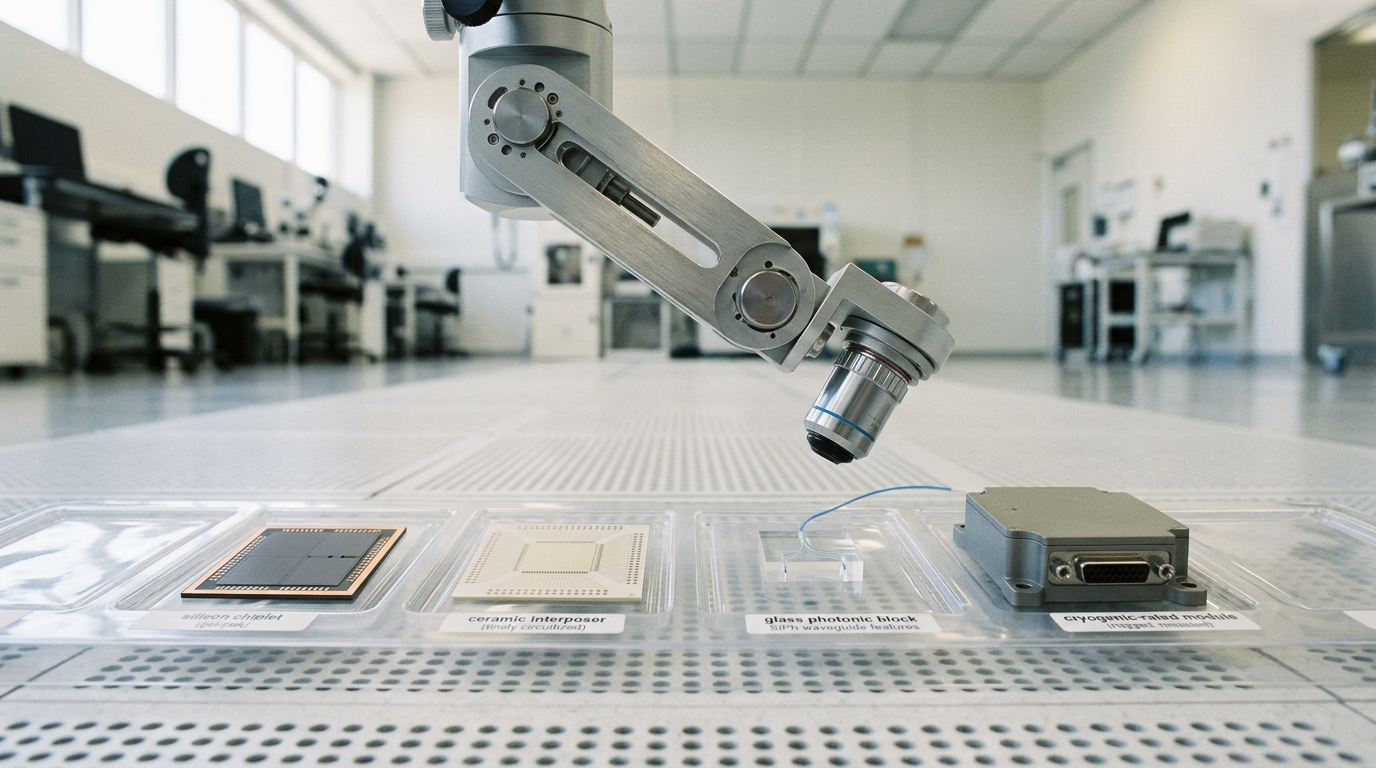 A wide view down the length of the mixed-substrate carrier tray with every packaging technology laid out side by side, an inspection microscope arm parked mid-swing between two of them
