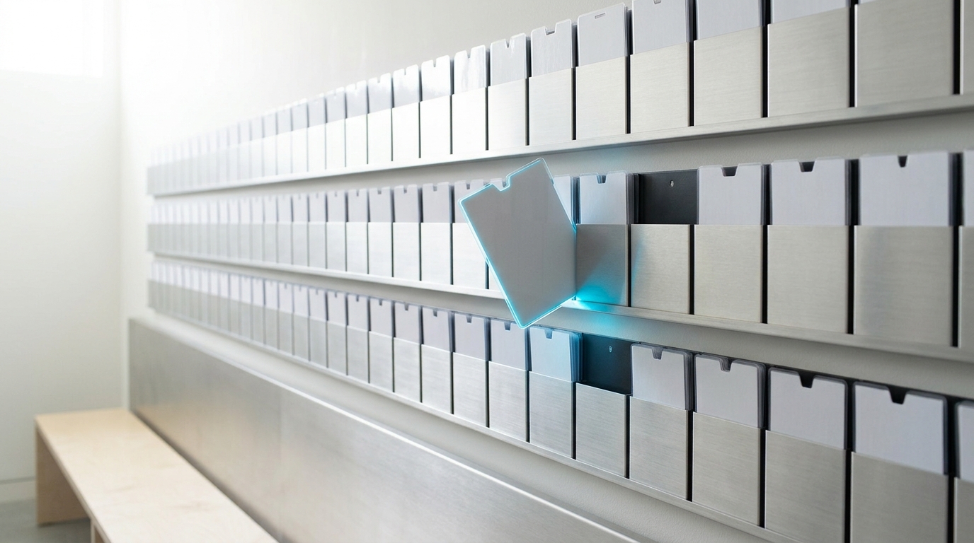A wall-mounted steel rack of laminated audit-protocol cards each seated in its own aluminium sleeve, most cards flush and level, one card caught mid-slide into its sleeve at a slight tilt