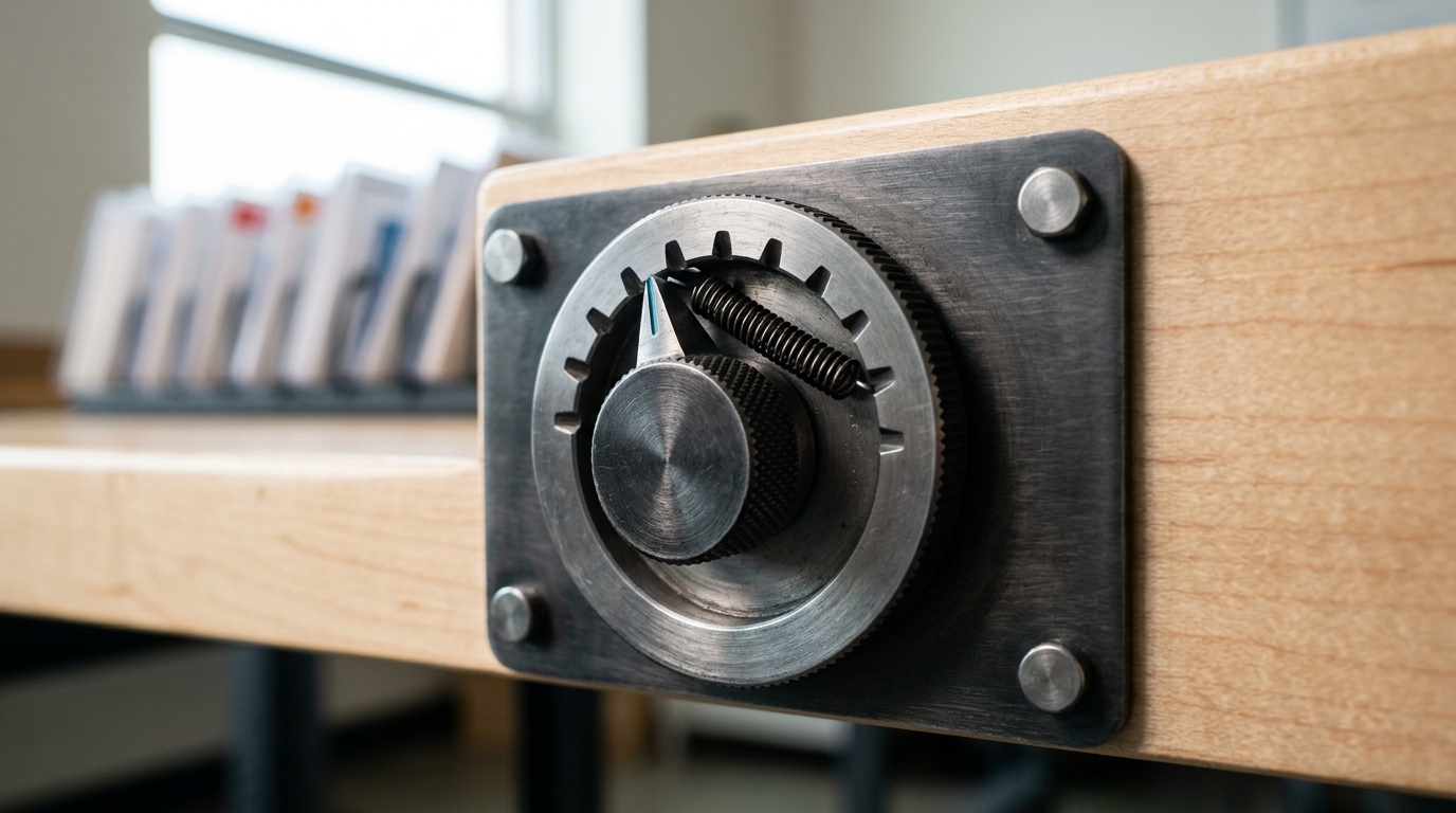 A small brushed-steel instrument panel with a rotary assurance-level selector, its pointer caught turning between two machined detent notches with neither one engaged