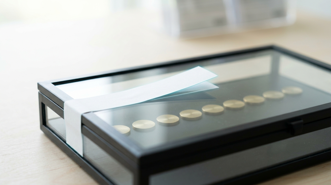 A glass-fronted steel specimen case holding a fixed row of sealed reference tokens, a blank tamper-evident paper strip caught mid- application across the case lid's hinge, one end pressed down and the other still lifted