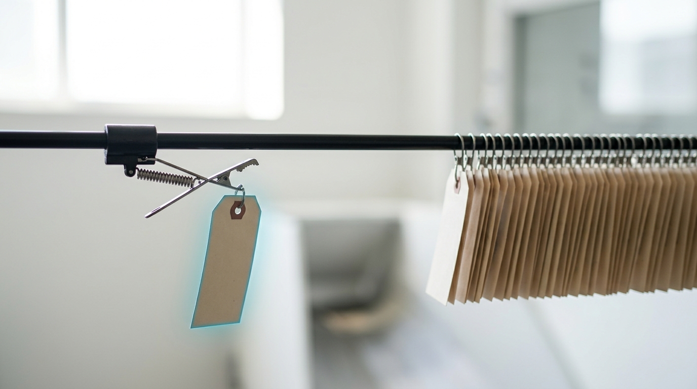 A horizontal blackened-steel rail strung with hanging waxed-cotton tags in a bright research room, a small spring-loaded clip arm caught mid-swing lowering a fresh tag toward the rail, not yet clipped on