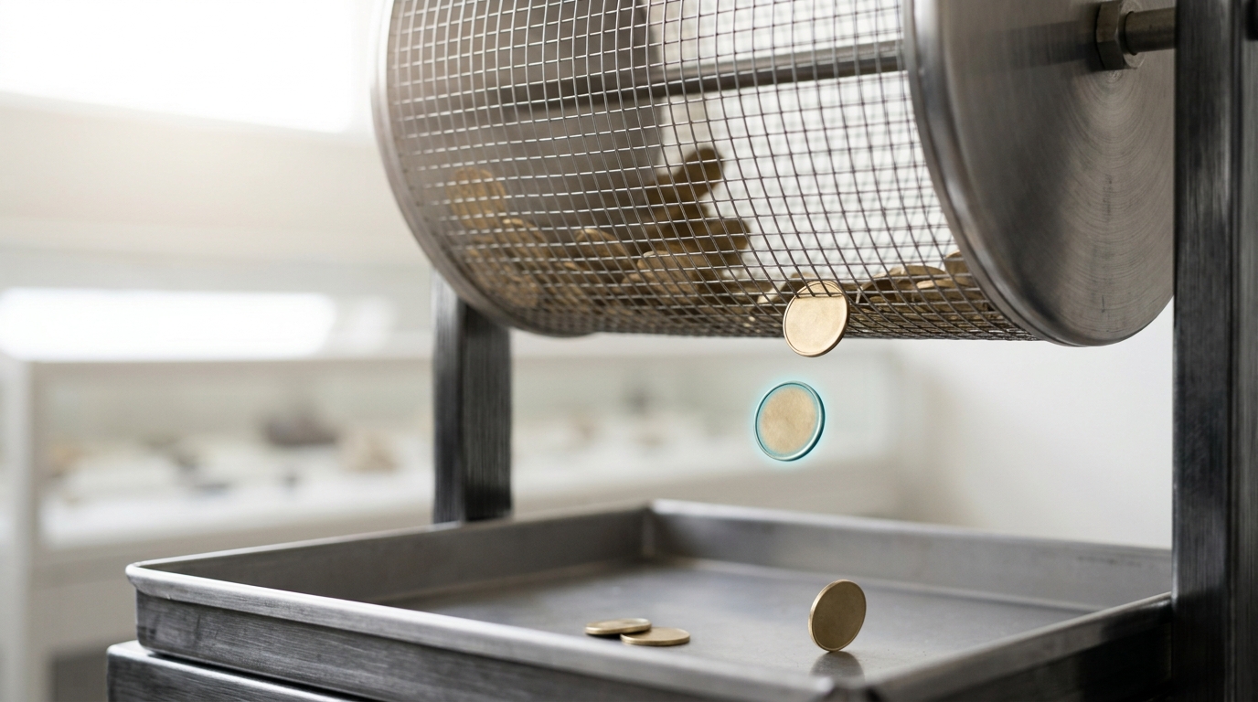A slow wire-mesh tumbling drum in a bright research room, small blank brass tokens turning inside it, one token caught mid-fall through a gap in the mesh into a collection tray below
