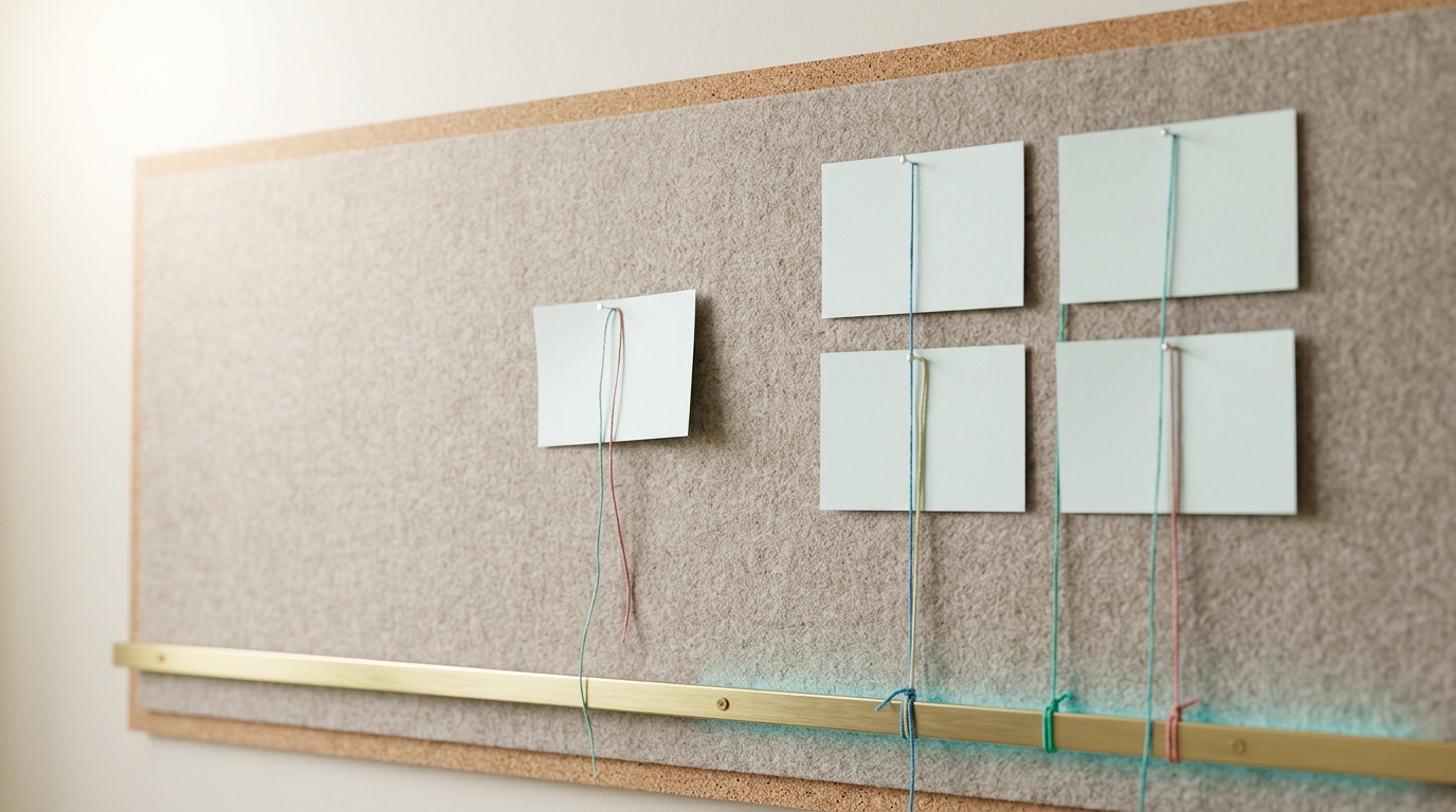 A felt scenario-planning wall with rows of blank pale cards pinned and tied by coloured thread to a sliding brass horizon rail, one card caught being pinned with its thread still slack
