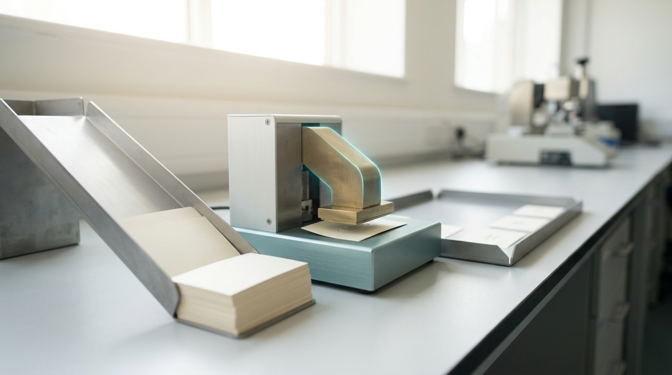 A sheet-steel intake chute feeding blank cards onto a bench stamping station, a short stack of unstamped cards built up at the chute mouth while the stamp arm sits pressed only halfway down on a single card