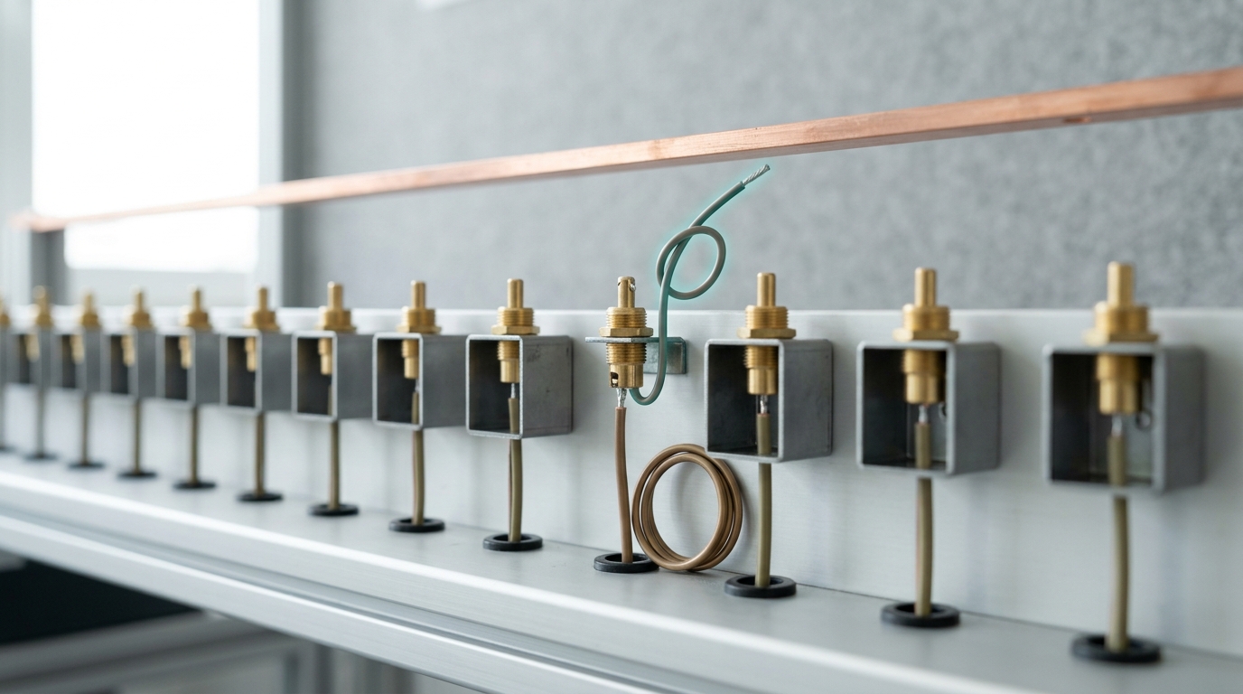 A row of brass key-switches on a bench, most wired singly into their own housing, one caught mid-rewire with its stripped new lead reaching for a bare copper bus rail overhead but not yet clamped on