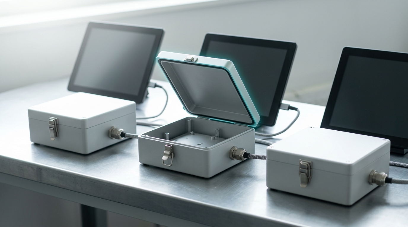 Three identical sealed sandbox enclosures on a bench, the centre one caught with its lid lifted mid-inspection to reveal the same internal layout as the two still-sealed enclosures beside it
