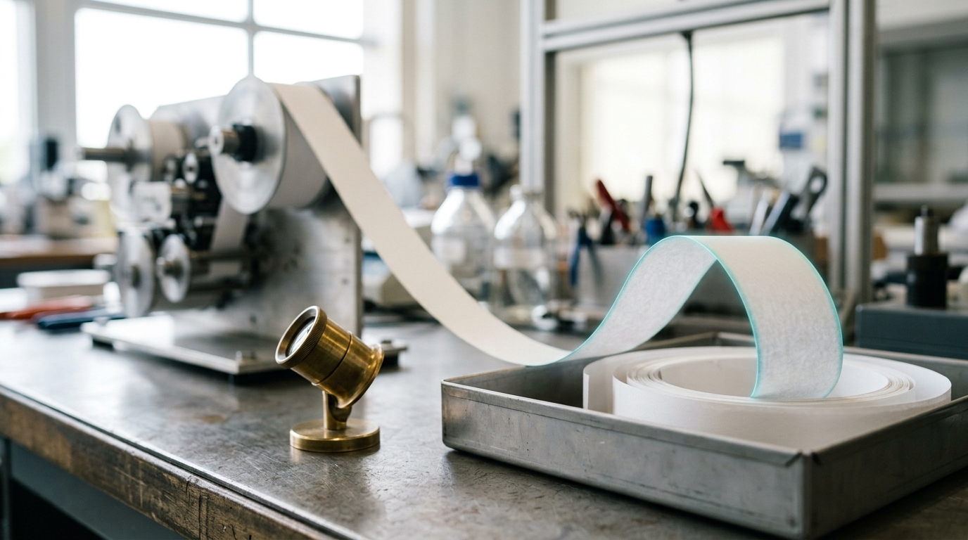 A curl of blank paper tape unspooling from a bench logger onto a reading tray, its leading edge drooping just short of the tray's far stop, a brass loupe propped beside it
