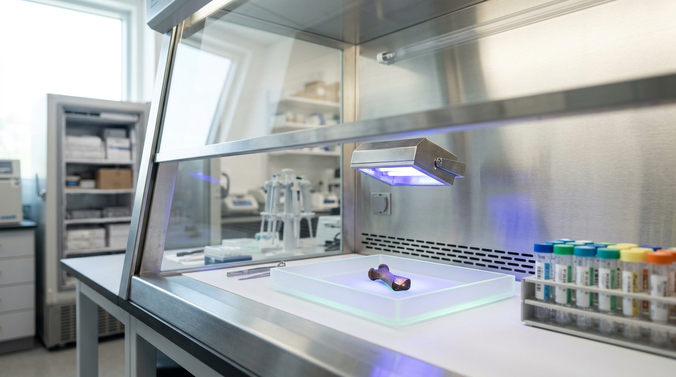A single ancient bone sample under a UV lamp inside a laminar-flow ancient-DNA clean lab