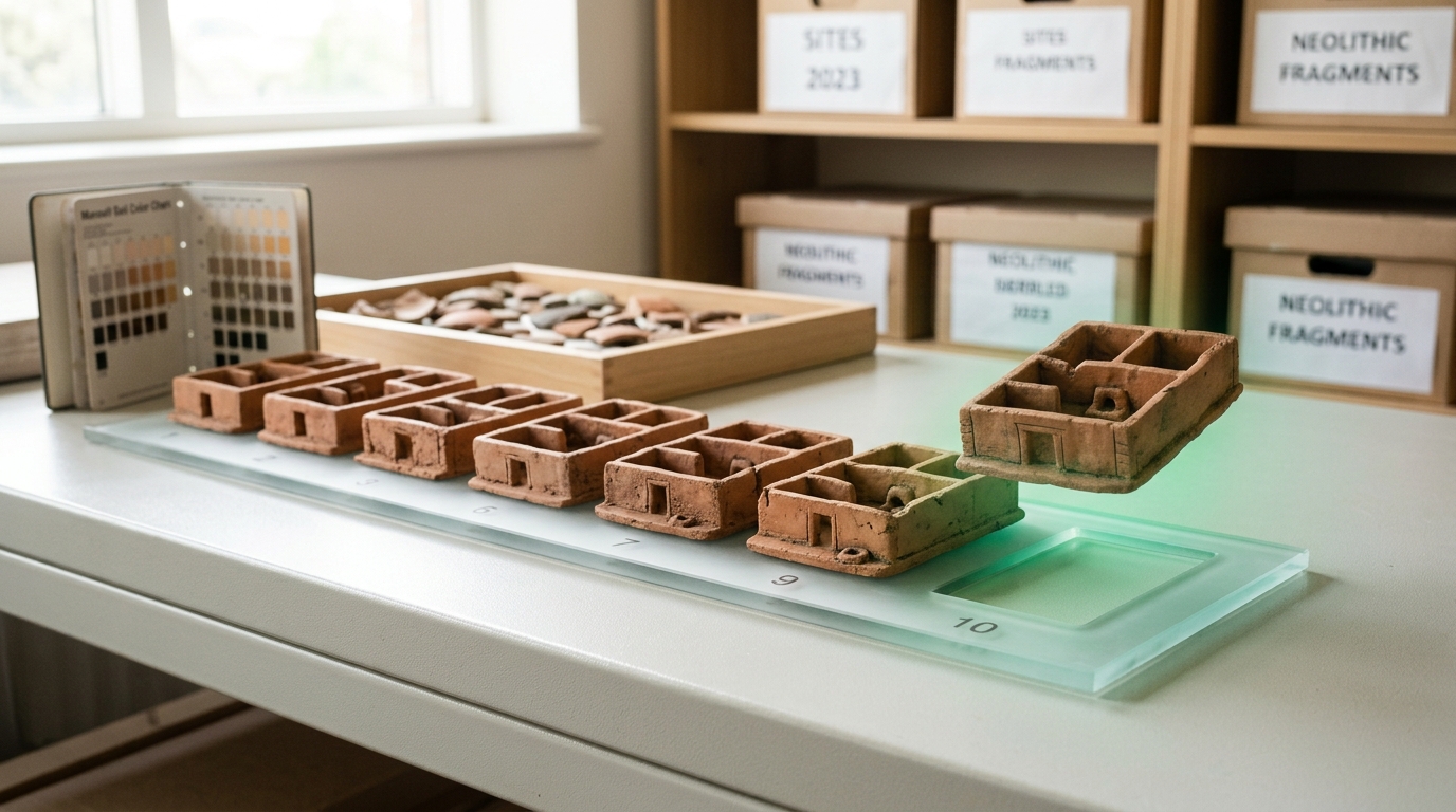 A study tray of uniform clay house-plan models representing the many nearly identical dwellings of an early settlement