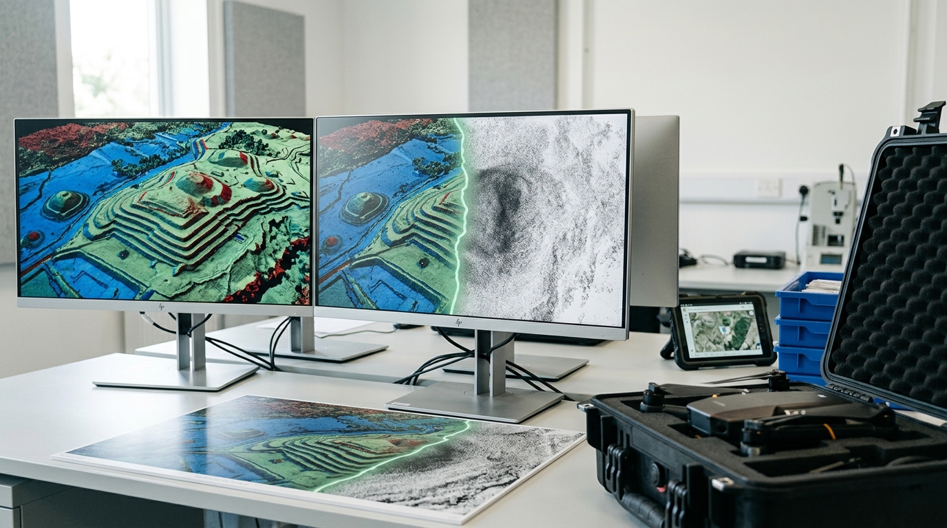 A remote-sensing lab with wide monitors showing a canopy-penetrating point-cloud survey, a LiDAR drone resting nearby