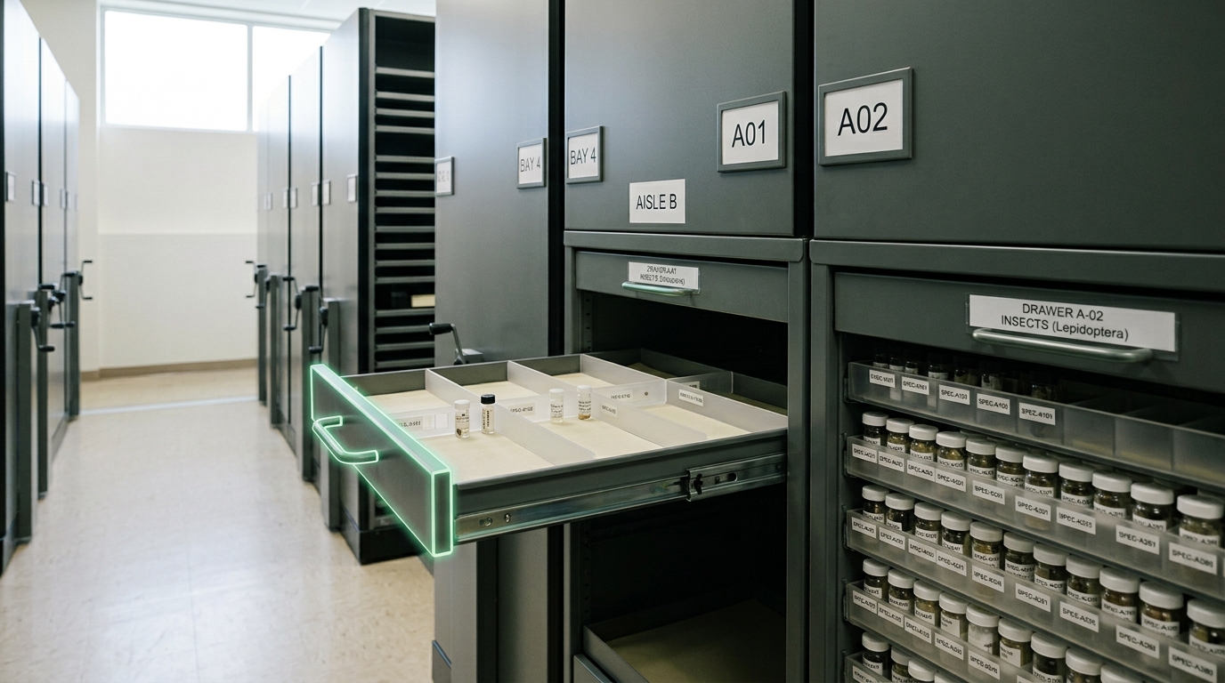 A reference archive room with rolling shelves of labelled specimen trays, one drawer left open mid-retrieval