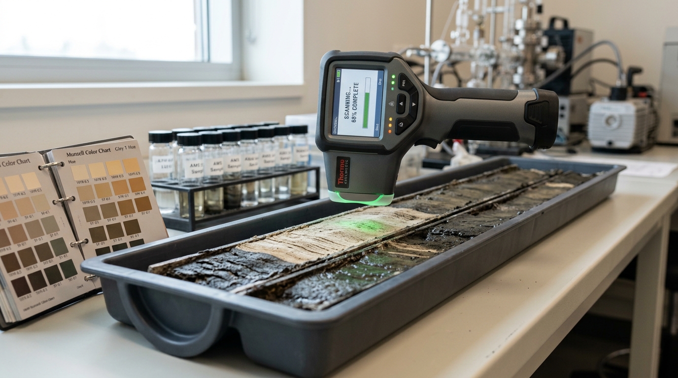 A handheld XRF scanner reading a split lake-sediment core showing a visible pale drought layer