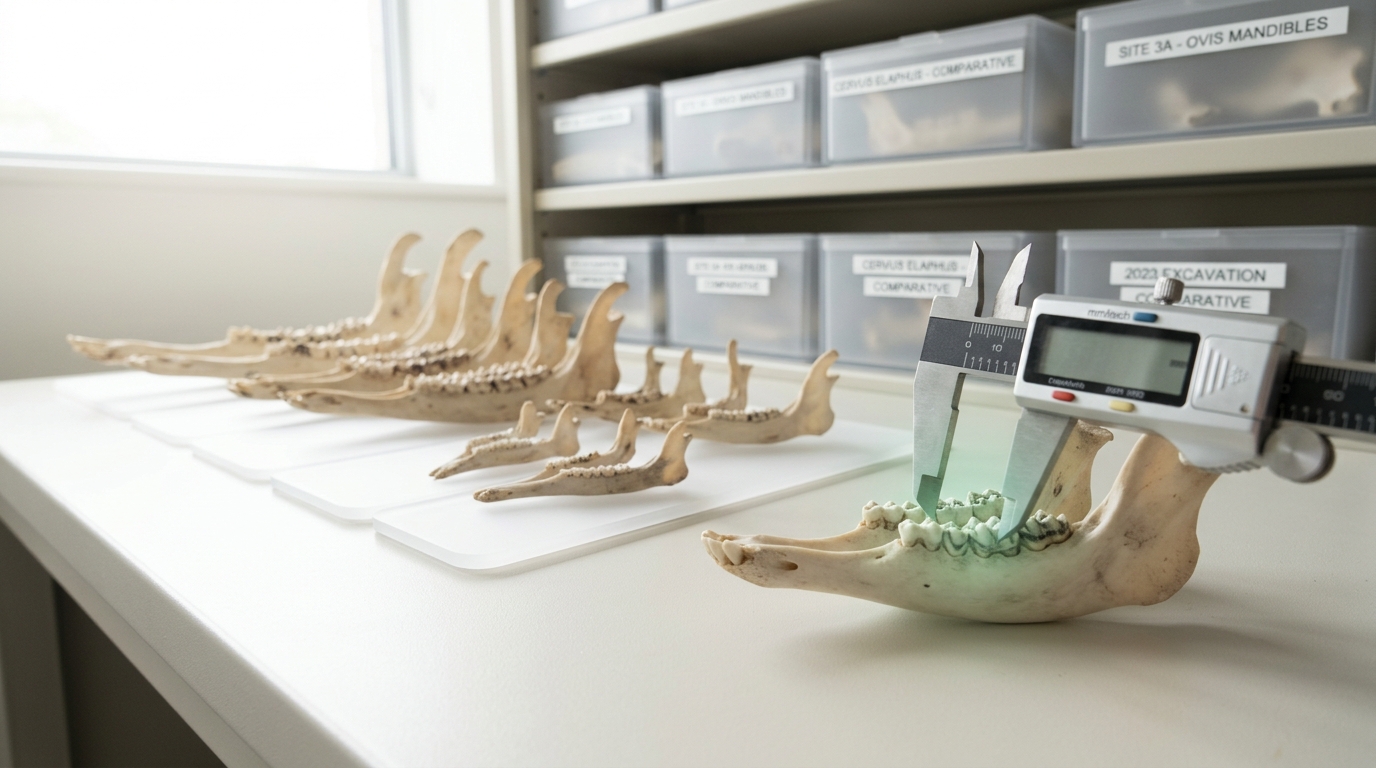 A zooarchaeology bench with sorted animal bone specimens and calipers mid-measurement