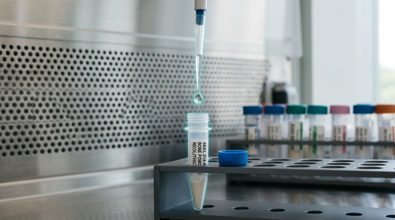 A laminar-flow hood in an ancient-DNA clean room with a bone-powder extraction tube mid-transfer