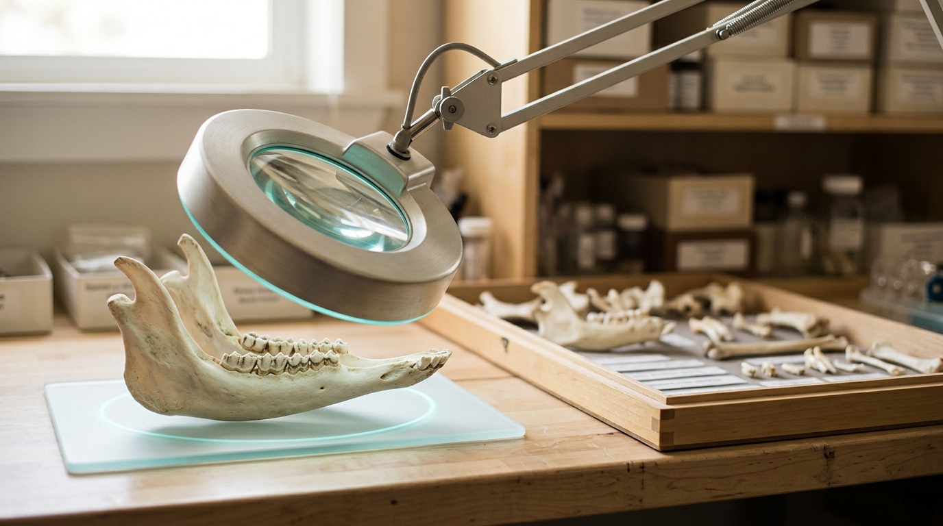 A zooarchaeology lab bench with a sheep mandible under a loupe lamp beside a tray of comparative skeletal reference bones