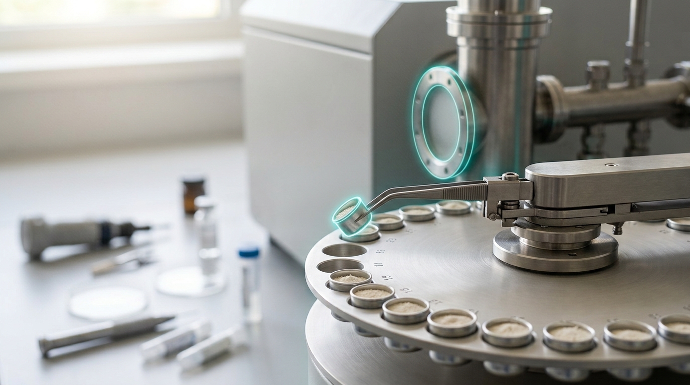 An isotope-ratio mass spectrometer sample carousel loaded with tiny enamel powder capsules