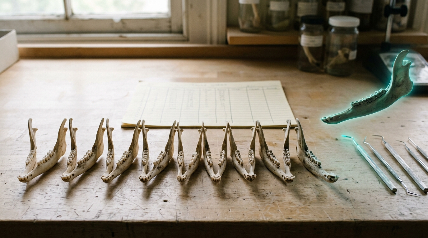 A row of caprine mandibles at different wear stages laid out for a kill-off profile tally