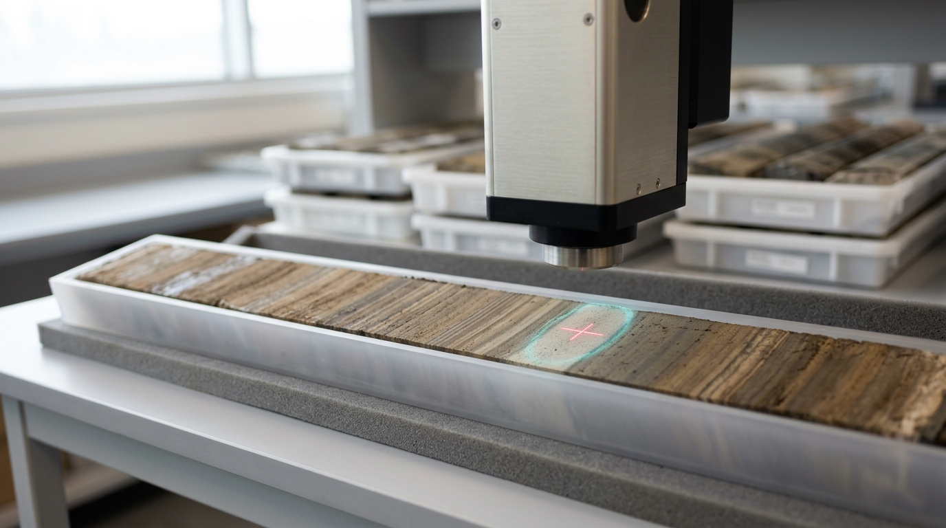 A split sediment core on a lab table with a laser-ablation sampling head positioned over a laminated layer