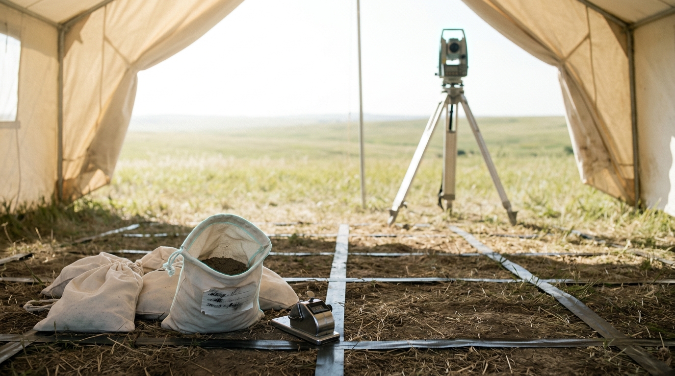 A field survey tent table covered with gridded collection bags and a total station reading recorded on a clipboard