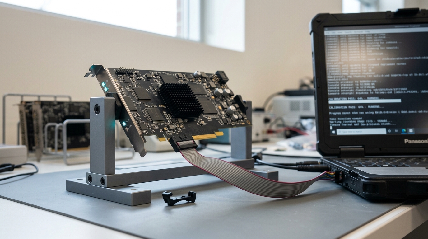 A diagnostics laptop wired by a harness to an accelerator card on the bench, its screen turned obliquely away mid-way through a calibration pass, one status LED lit and a second still dark