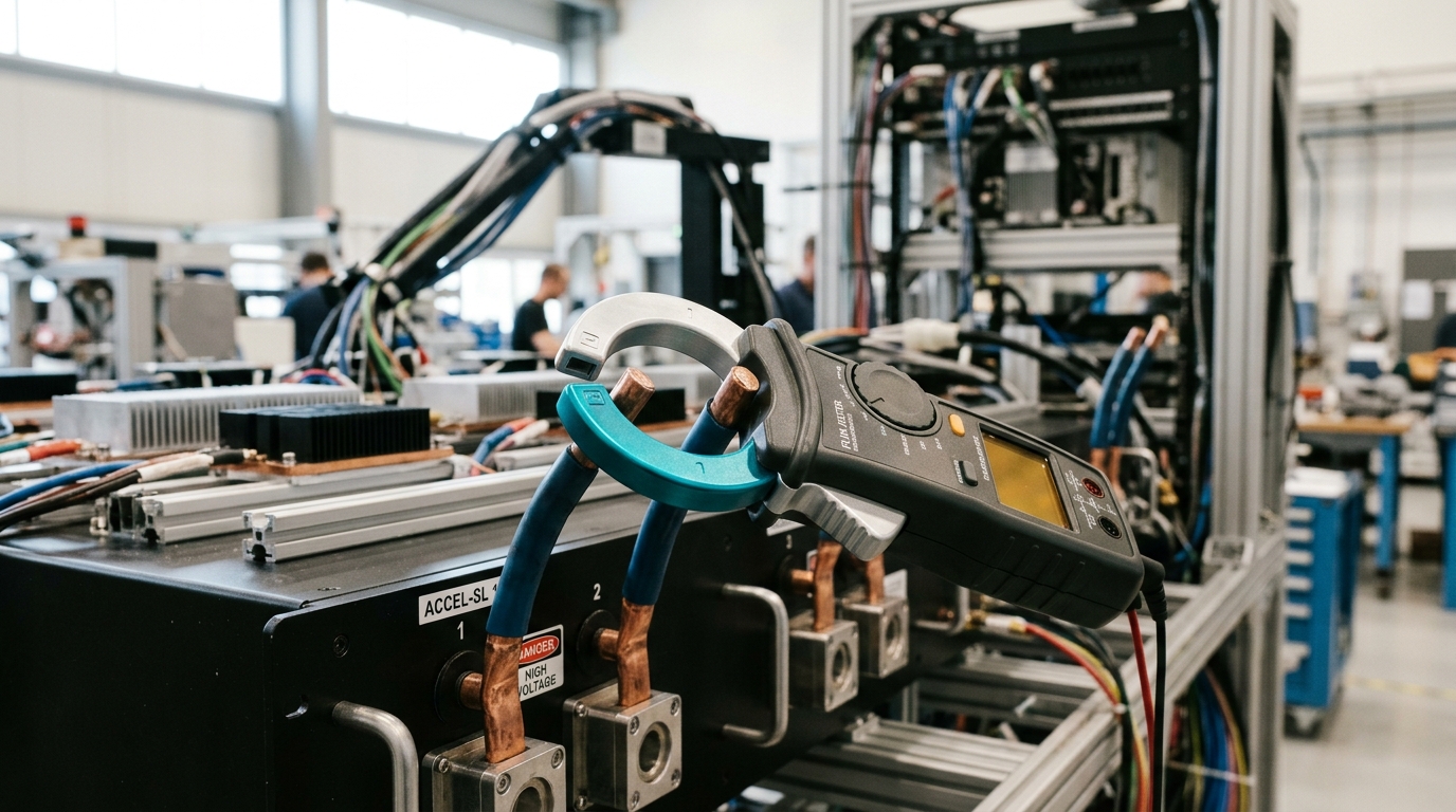 A clamp-style power meter clipped onto an accelerator sled's supply leads mid-reading, its display turned obliquely away, one jaw of the clamp not yet fully closed around the second lead