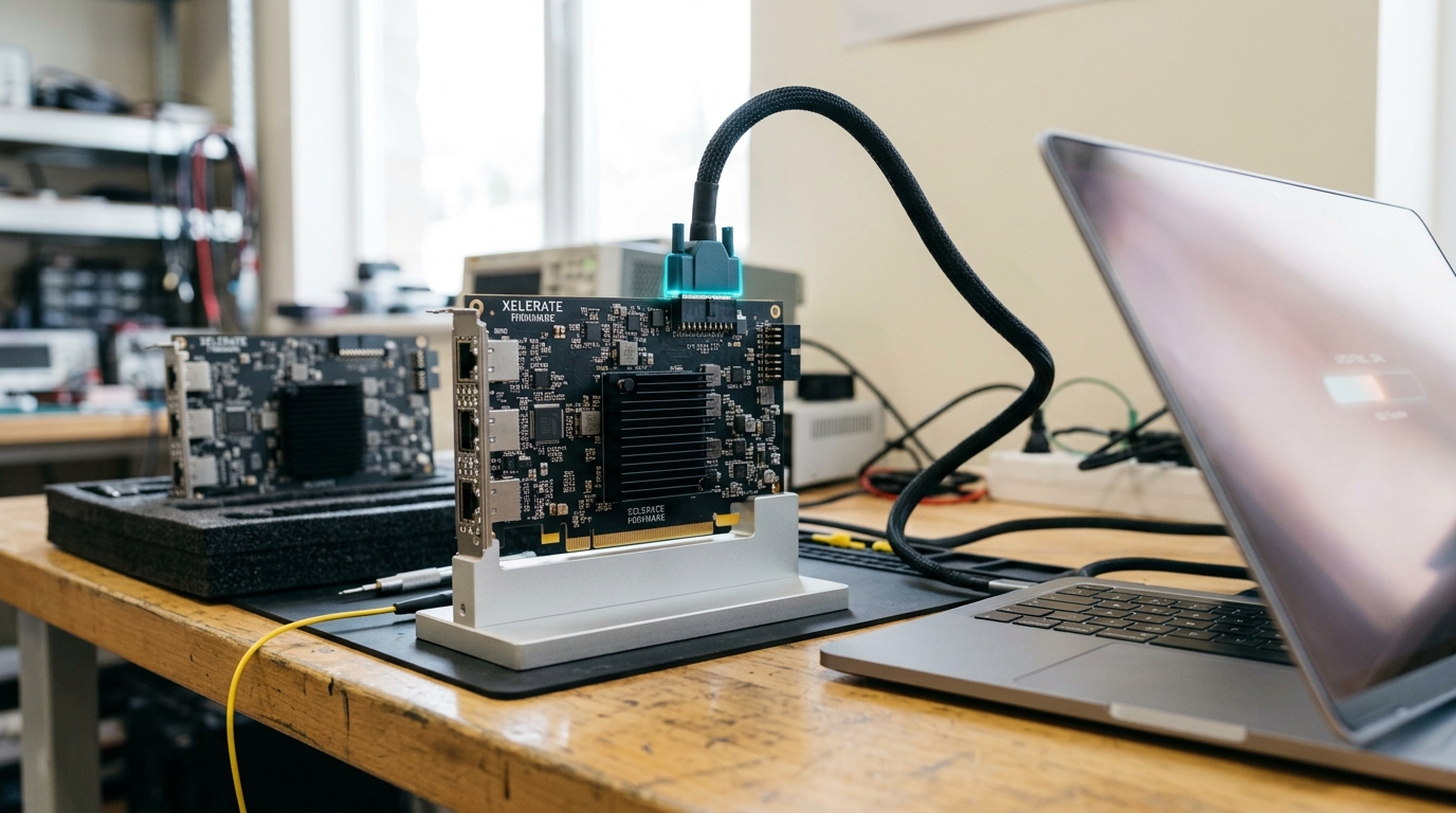 A card on the bench receiving a firmware or kernel image over its diagnostics harness, a small transfer-progress indicator on the laptop's screen turned obliquely away and only partly filled