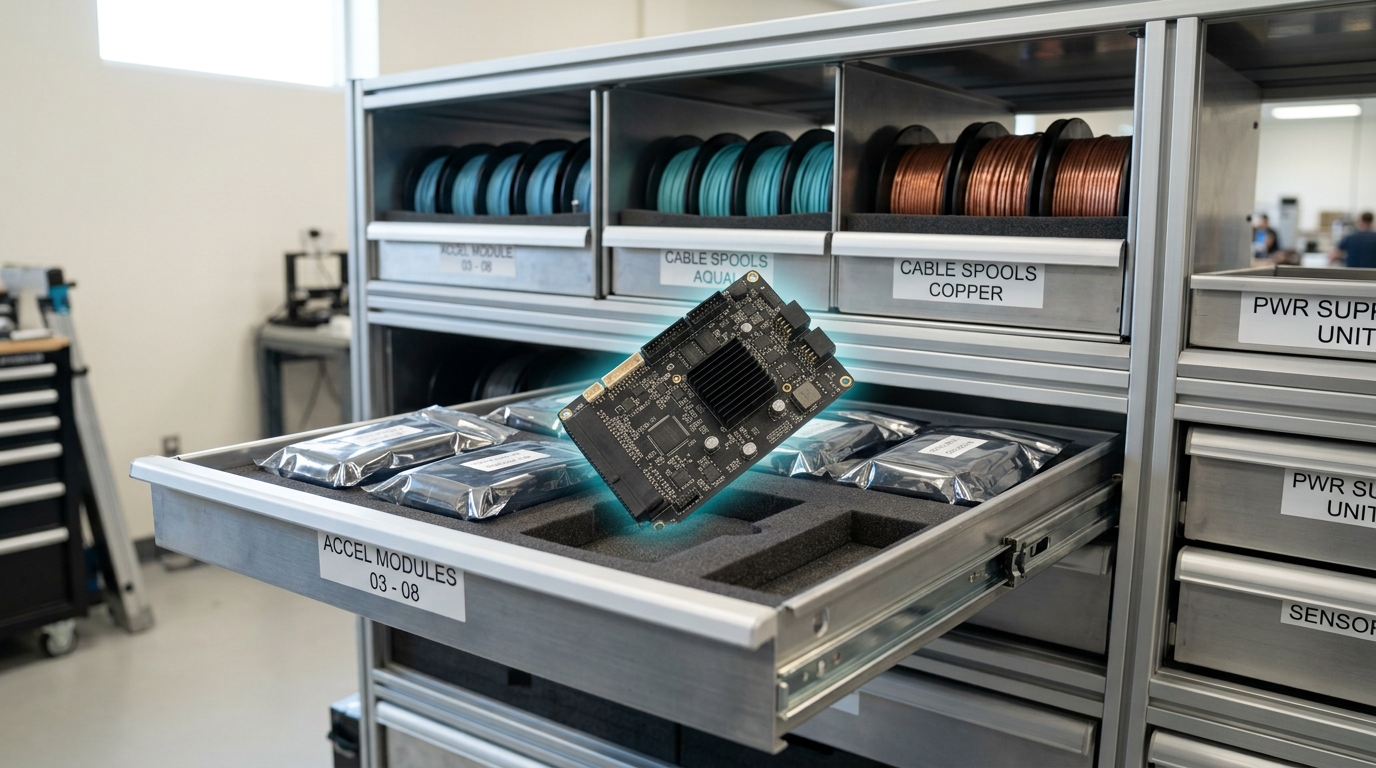 A labelled spare-parts staging shelf holding replacement accelerator modules and cable spools, one foam-lined bin drawn part-way out with a module lifted just clear of its cutout