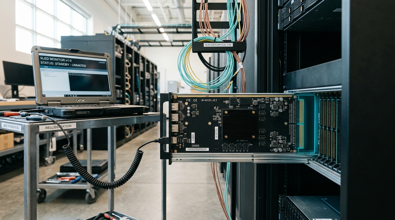 An accelerator sled drawn part-way onto its rack rails, its rear edge connector not yet mated to the backplane, a diagnostics laptop cable still running to its front edge
