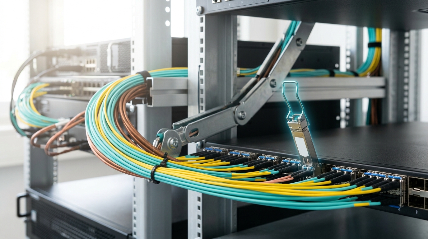 A structured cable-management arm carrying optical and copper interconnect runs between two rack bays, one optical transceiver caught just short of fully seating in its cage, its release tab still lifted