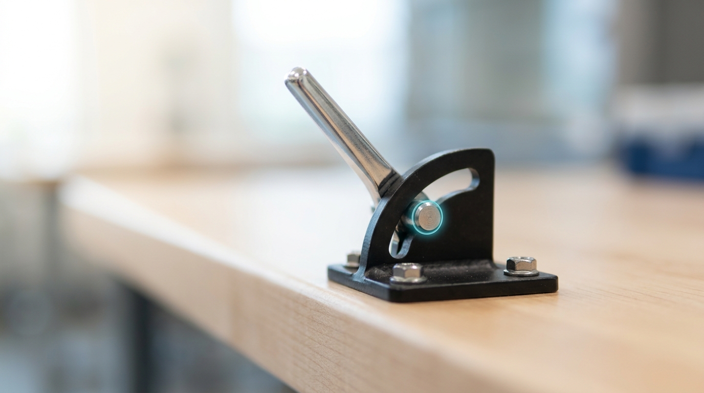 A compact certification bench with a chrome interlock release lever on a steel fixture, the lever caught midway between its hold and release positions with neither detent engaged