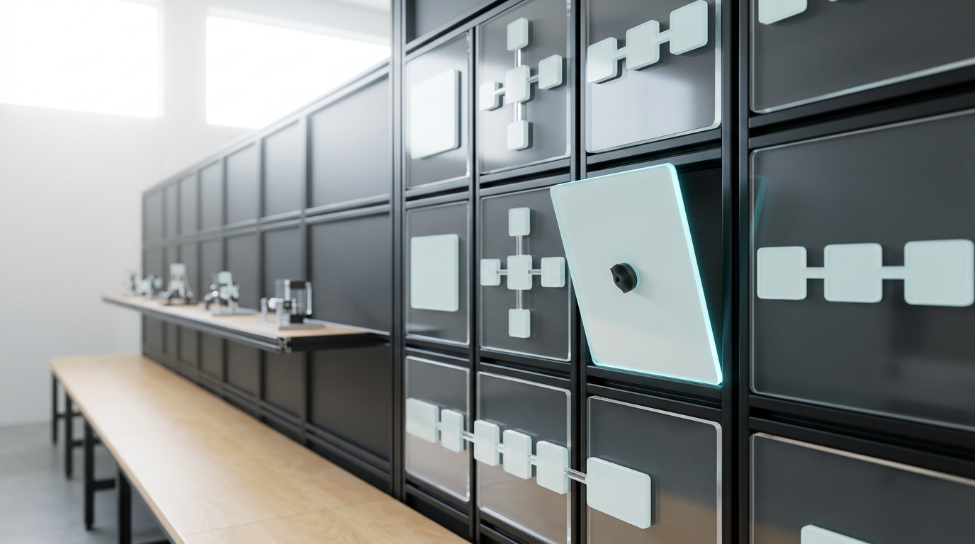 A modular black-anodised-aluminium demonstration wall holding several acrylic pattern tiles of different agent topologies, one pale tile caught sliding into its channel with its turn-button still unlocked