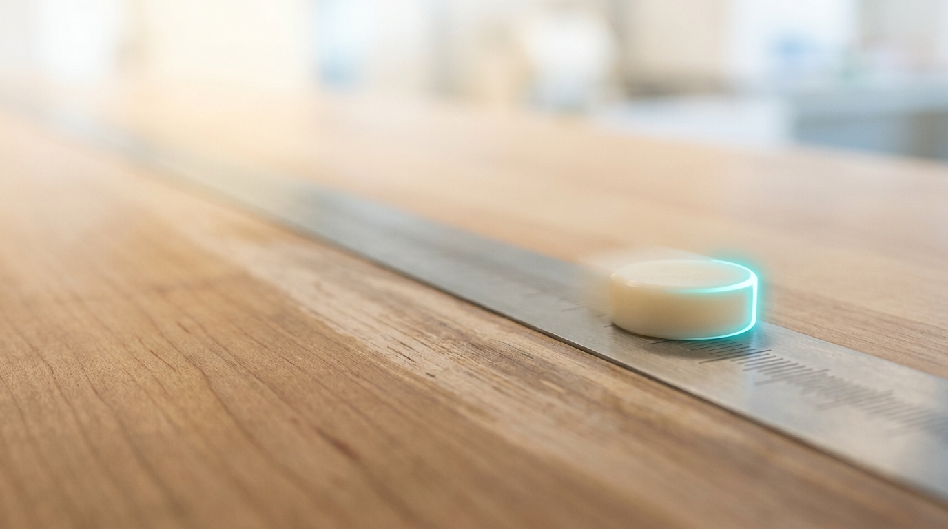 A close, low view along a maple bench's satin stainless-steel graduated rail, a cream delrin puck caught mid-slide between two marks with a faint scuffed trail behind it from earlier passes