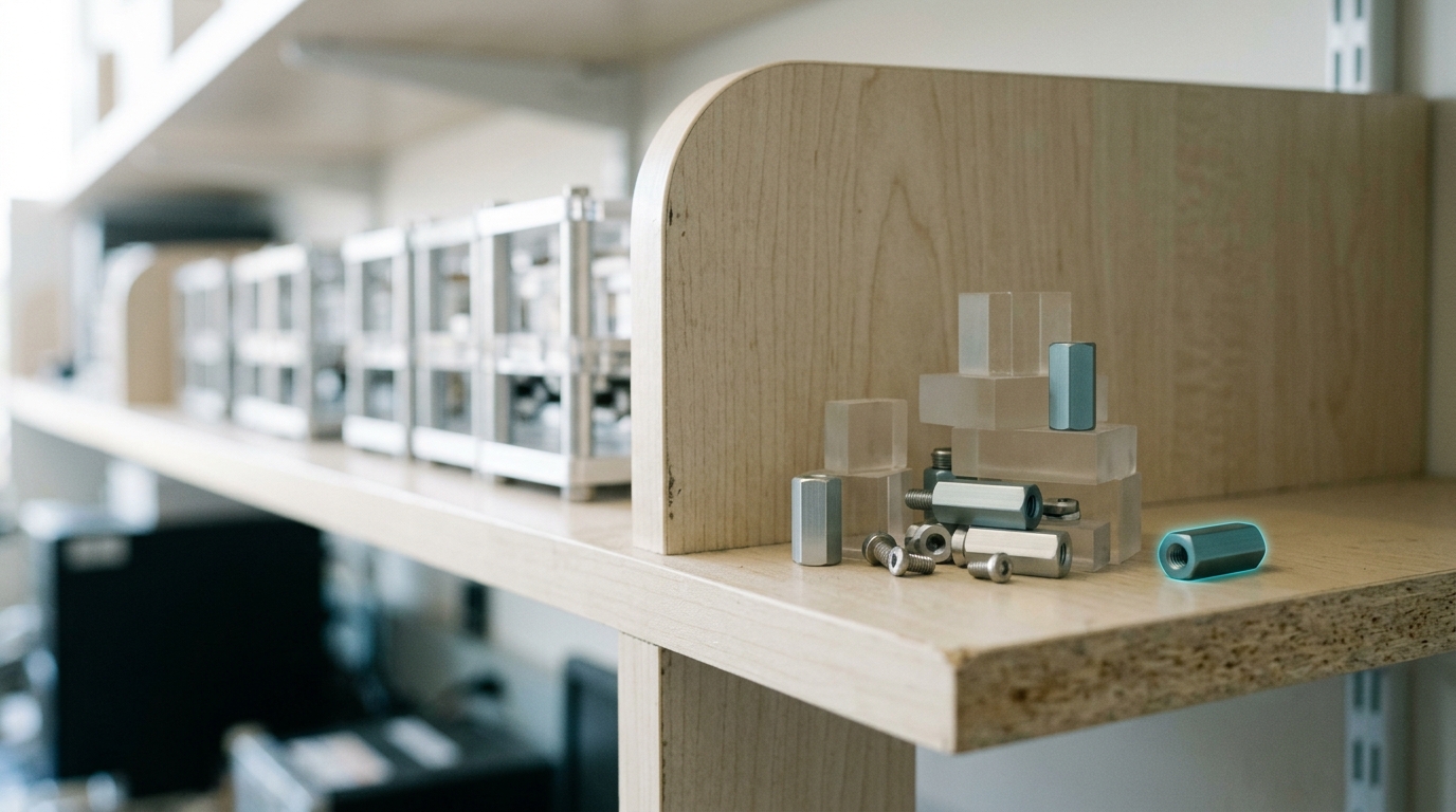 The far end of the prototype shelf, where a single unassembled aluminium-and-acrylic rig sits alone on bare shelf board apart from the ranked rows of finished rigs, a loose standoff resting beside it