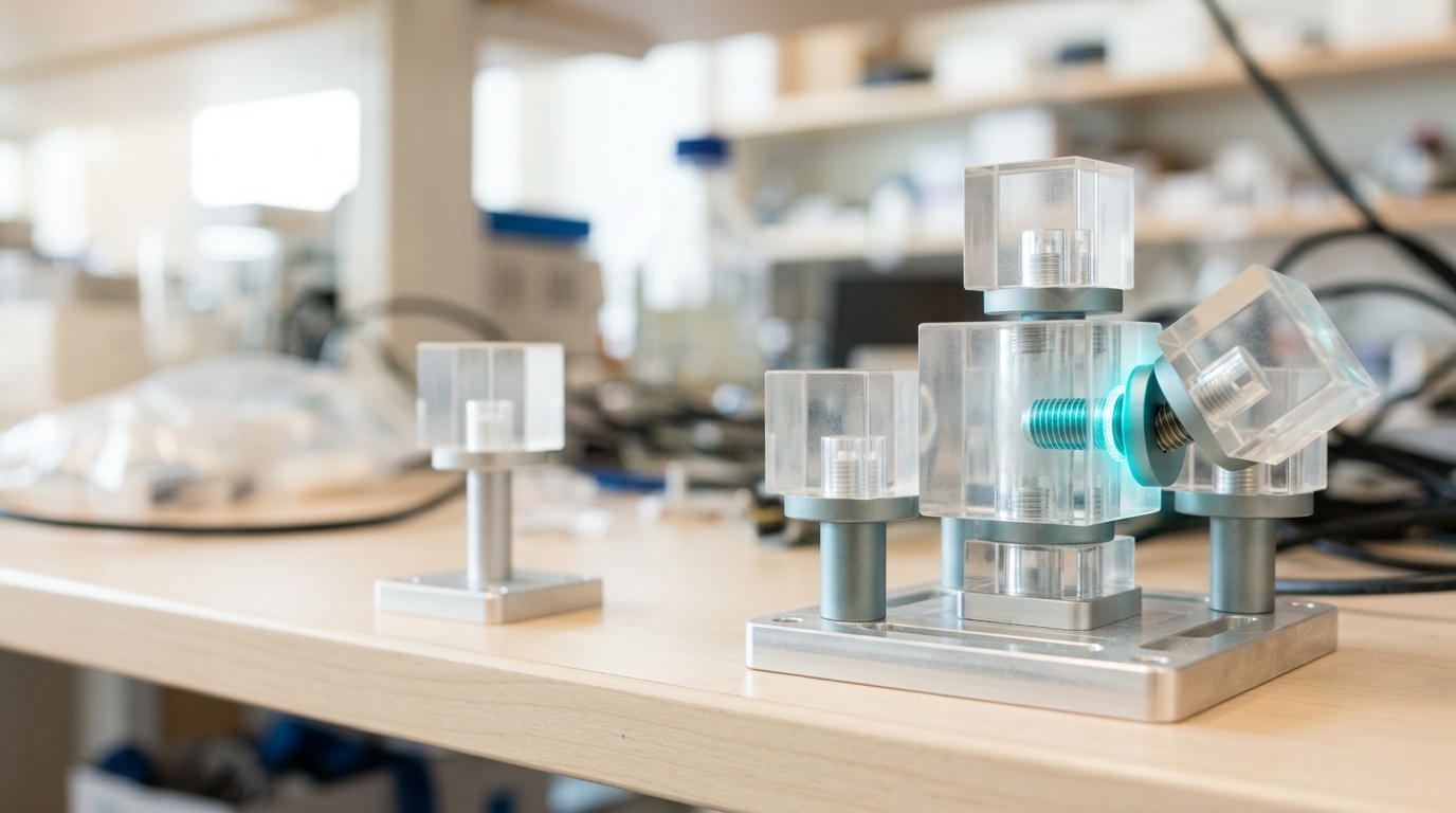 A shelf holding small prototype rigs built from anodised-aluminium standoffs and acrylic blocks, one lone single-unit rig beside a cluster rig whose satellite block is caught mid-attachment, its standoff only half threaded in